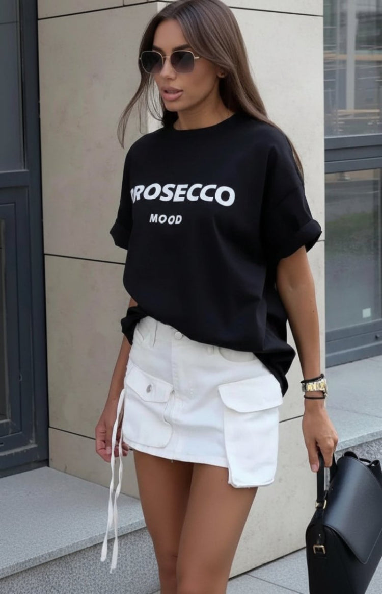 ZORVINA – Chic Oversized Prosecco Print T-Shirt, Soft Cotton Casual Wear | Turnna