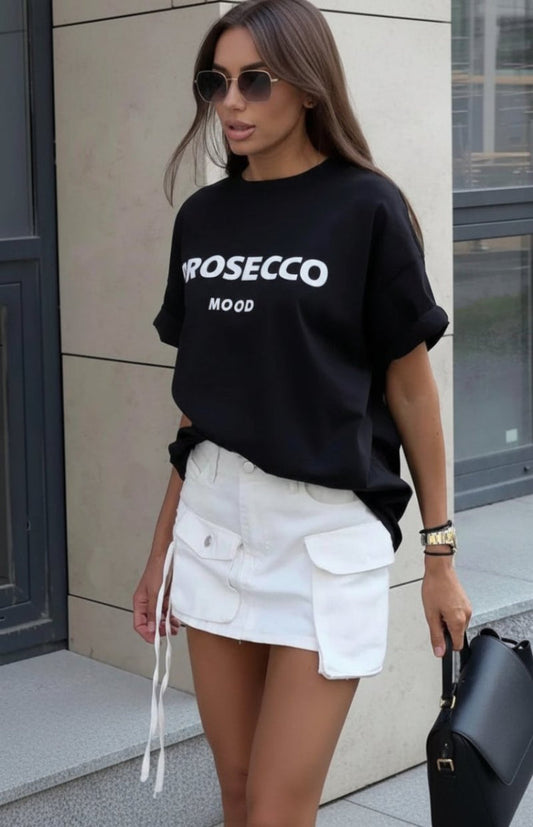 ZORVINA – Chic Oversized Prosecco Print T-Shirt, Soft Cotton Casual Wear | Turnna