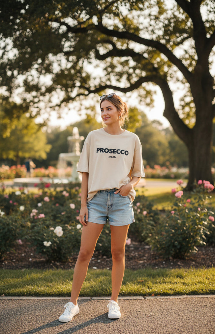 ZORVINA – Chic Oversized Prosecco Print T-Shirt, Soft Cotton Casual Wear | Turnna