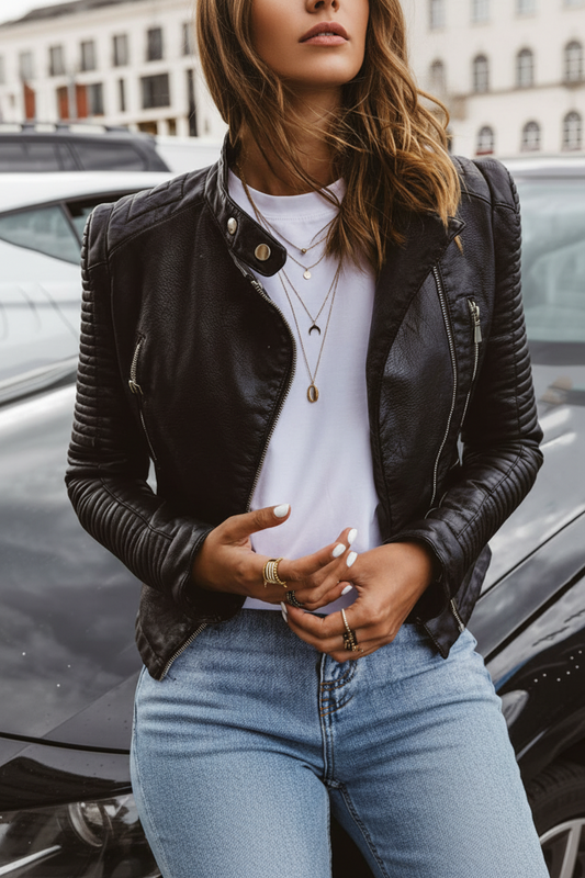 CITYNOIR – Women’s Black Leather Jacket with Contemporary Stand Collar Style | Turnna