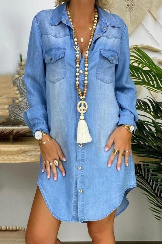 CASUALINDIGO – Women's Long Sleeve Denim Dress Soft Relaxed Fit | Turnna