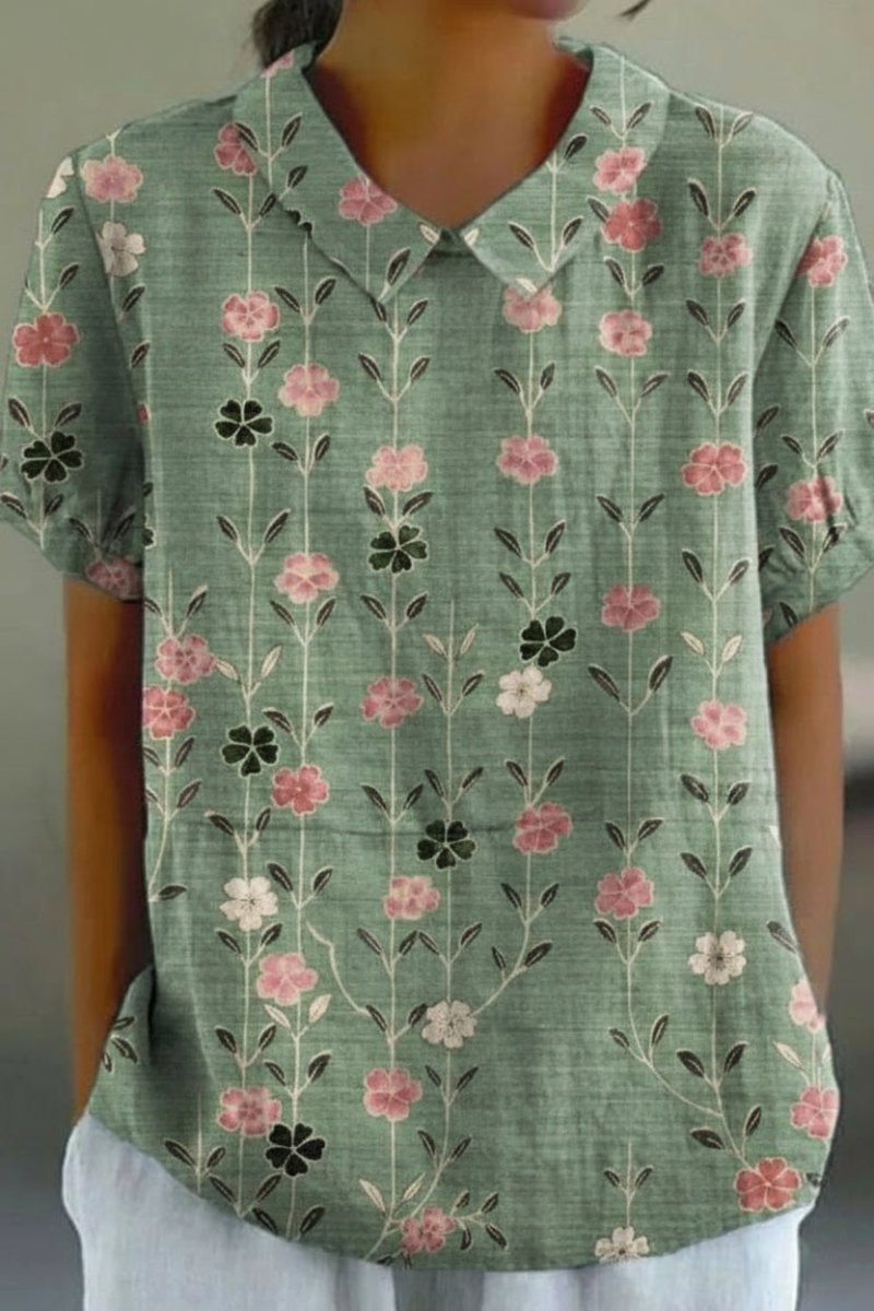 CLASSIFLOR – Elegant Floral Cotton Blouse with Short Sleeves for Daily Style | Turnna