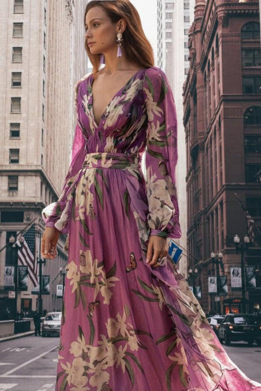 AMETHÉA – Elegant Purple Maxi Dress for Women with V-Neck for Summer Weddings | Turnna