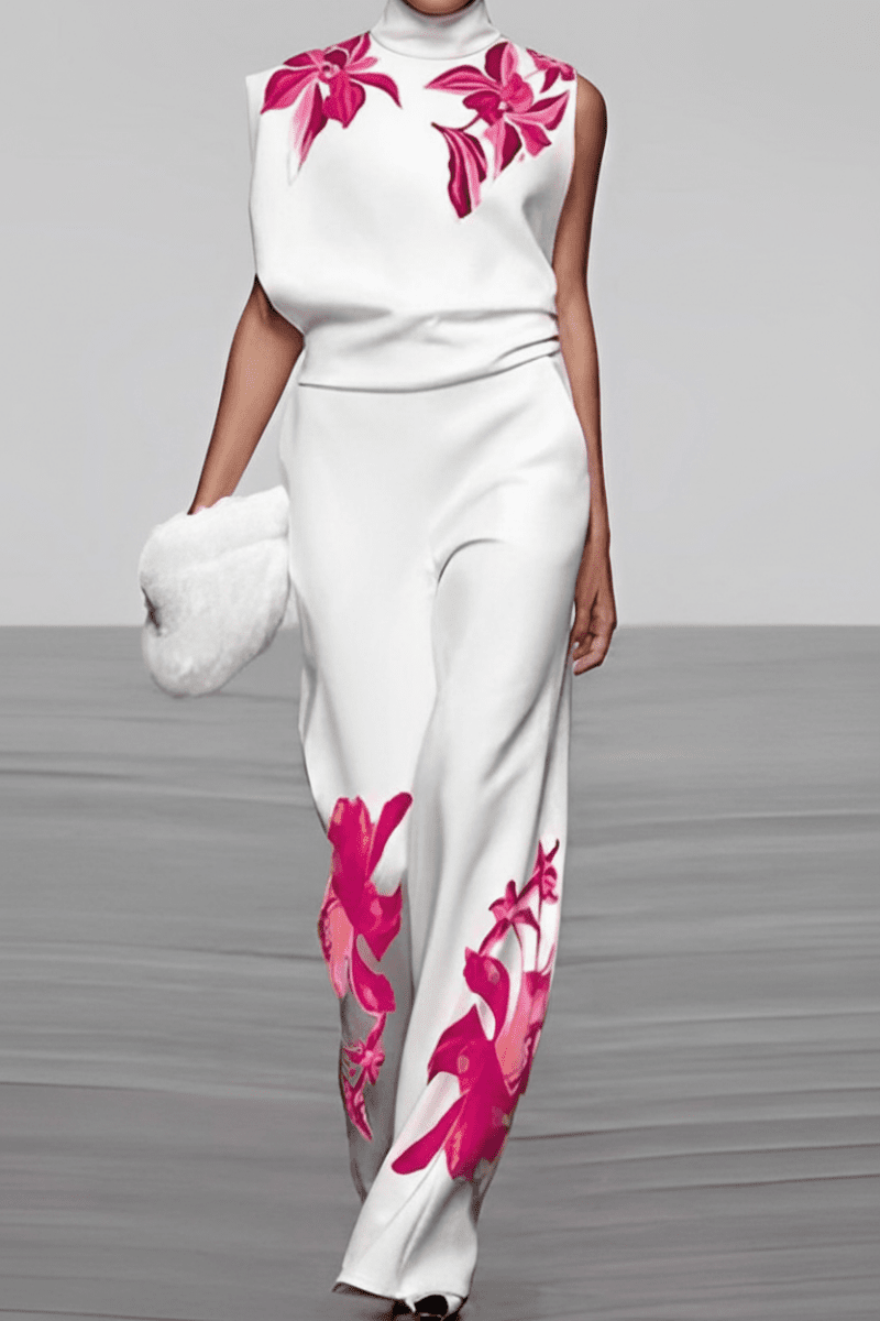 ROSÉLLE – Stylish Floral Sleeveless Turtleneck and Wide Leg Pants Set | Turnna