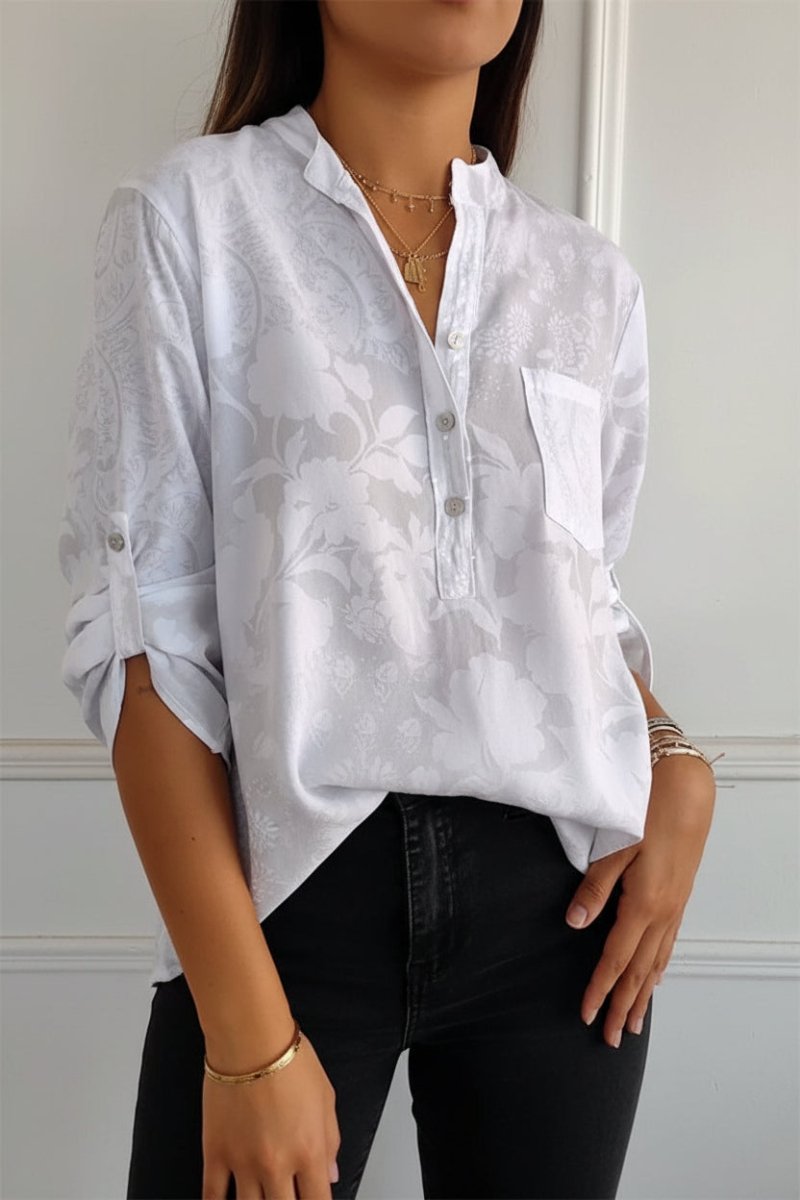 POCKETÉA – Elegant Printed Blouse with Practical Front Pocket and Buttons | Turnna