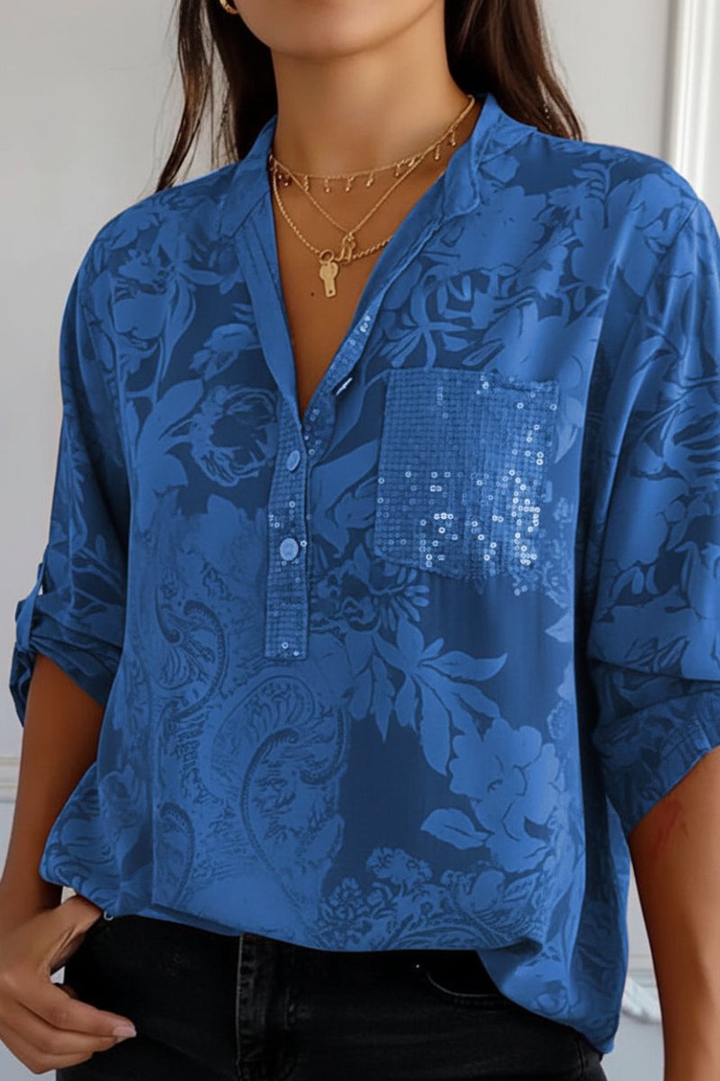 POCKETÉA – Elegant Printed Blouse with Practical Front Pocket and Buttons | Turnna