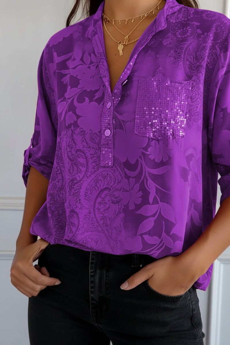 POCKETÉA – Elegant Printed Blouse with Practical Front Pocket and Buttons | Turnna