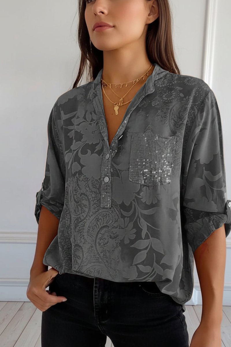 POCKETÉA – Elegant Printed Blouse with Practical Front Pocket and Buttons | Turnna