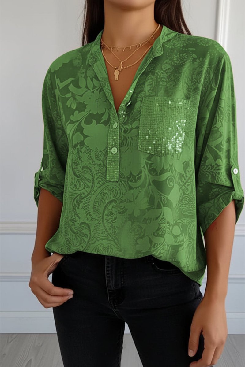 POCKETÉA – Elegant Printed Blouse with Practical Front Pocket and Buttons | Turnna