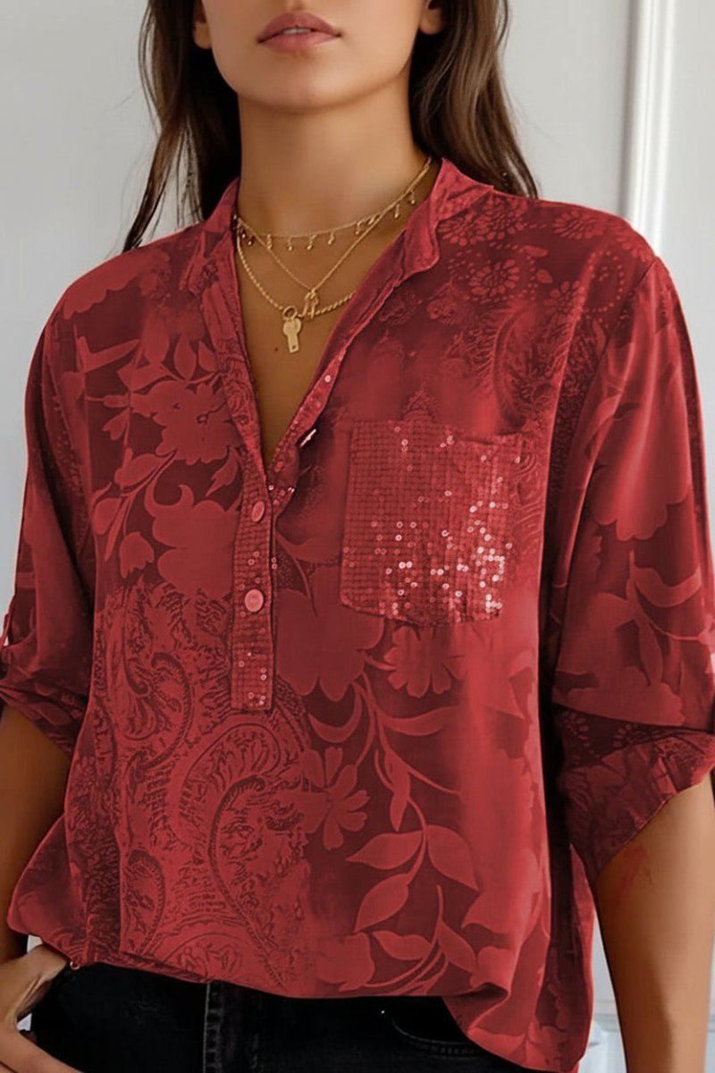 POCKETÉA – Elegant Printed Blouse with Practical Front Pocket and Buttons | Turnna