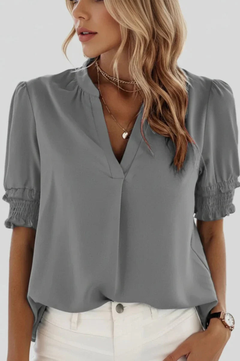 FLUVELLE – Lightweight V-Neck Chiffon Blouse with Soft Volume Sleeves | Turnna
