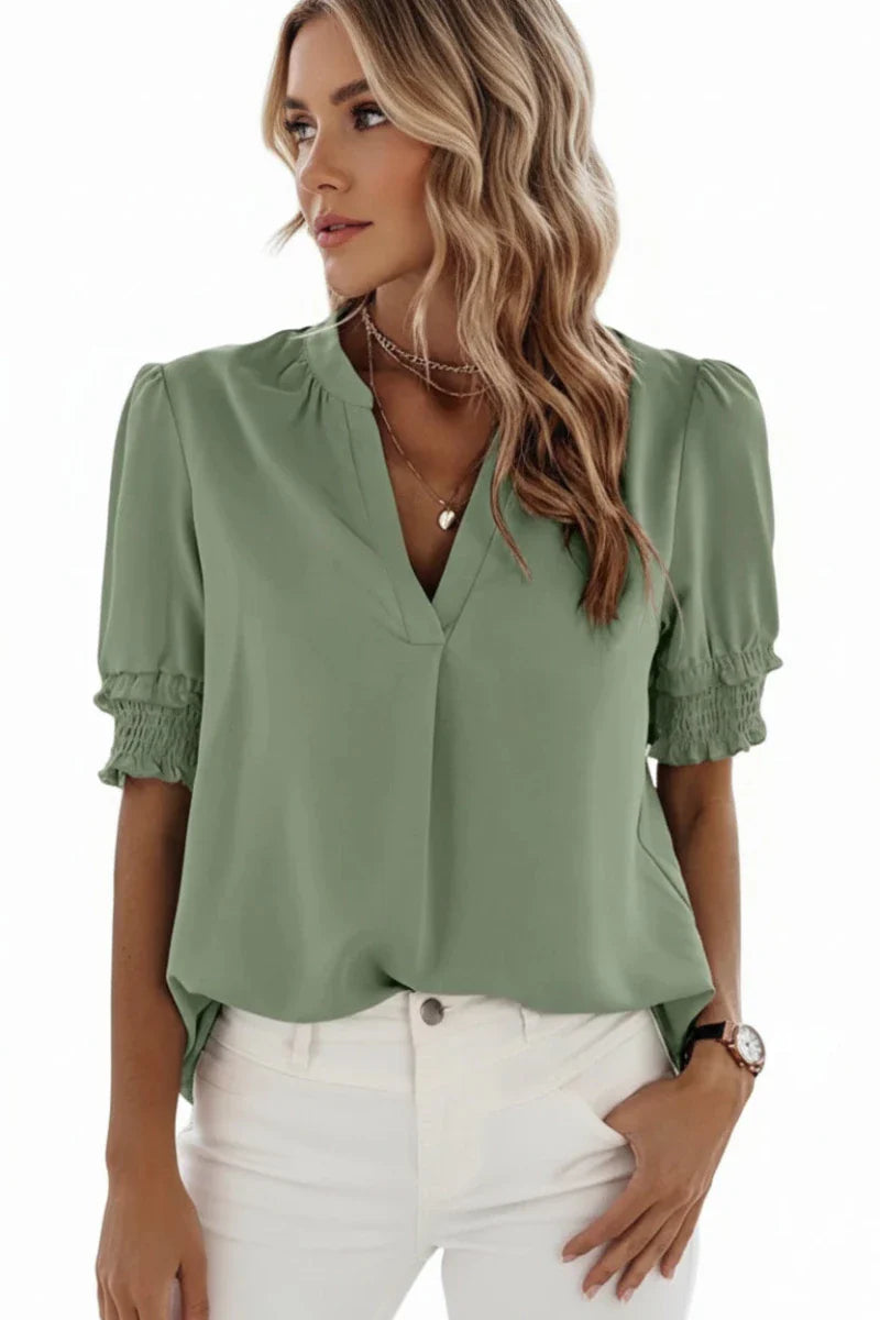 FLUVELLE – Lightweight V-Neck Chiffon Blouse with Soft Volume Sleeves | Turnna